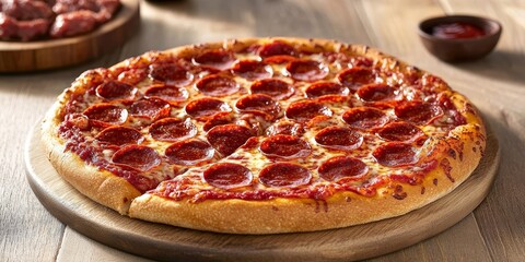 Close up of a mesmerizing Domino s pepperoni pizza, showcasing the delectable toppings and golden crust that make this pizza a must have for any pizza lover seeking an unforgettable experience.