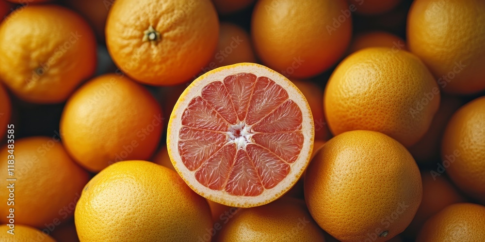 Poster close up view of a grapefruit half alongside a collection of grapefruits, showcasing the vibrant col