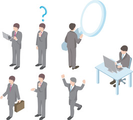 ビジネス　アイソメトリック　人物　男性　就活　転職　仕事　イラスト素材セット