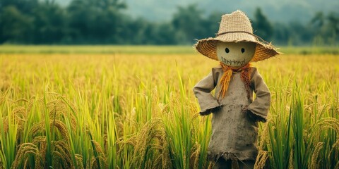 Scarecrow standing in a rice field, serving as a bird chaser for farmers. This scarecrow plays a crucial role in protecting the rice field and crops from unwanted birds.