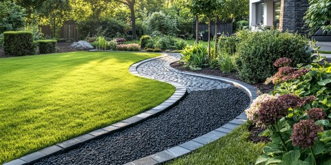 Modern backyard garden design featuring an elegantly landscaped decorative garden with a winding pathway. The black bricks create a unique walkway through the backyard lawn and natural mulched border.