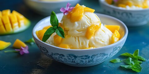 Delight in the delicious combination of mango ice cream and sticky rice, where the rich flavors of mango ice cream perfectly complement the texture of sticky rice for a unique dessert experience.