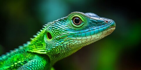 Fototapeta premium Stunning closeup of a beautiful lizard showcasing vivid green colors and intricate textures, highlighting the remarkable features of this beautiful lizard in its natural habitat.