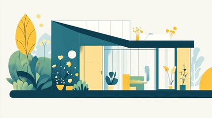 A geometric flat house with a green garden, flower beds, and minimal detailing, clean illustration style.
