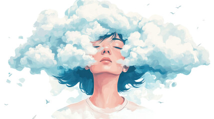 Woman with head hidden in clouds on white background PNG transparent.