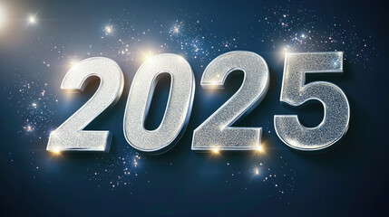 Stunning 3D Silver &ldquo;2025&rdquo; with Glitter on Dark Blue: Ideal Vector for New Year Greetings, Banners in Ultra-High Def, Stock Style.