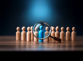 A magnifying glass focuses on a blue figure among many beige ones, symbolizing the search for a unique candidate or ideal solution.  This image represents selection, recruitment, and finding the best 