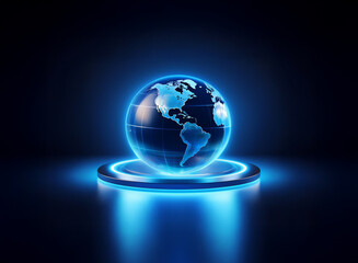 A glowing blue orb, resembling Earth, floats on a luminous circular platform, set against a dark background.  The scene evokes a sense of futuristic technology and global connection.