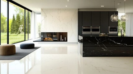Fototapeta premium Luxury home design with a sleek marble fireplace, modern black countertops, built-in wall ovens, and contemporary furniture in a bright open space.