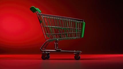 Shopping cart in motion retail store product display dramatic lighting side view consumerism concept
