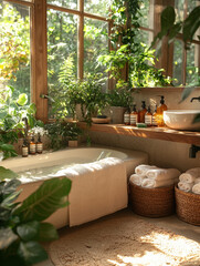 Sunlit bathroom sanctuary: lush greenery, freestanding tub, and rolled towels.