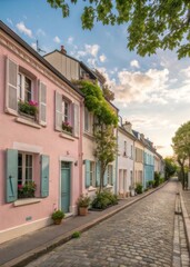 A picturesque street lined with colorful houses, blooming plants, and cobblestone pavement, reflecting a charming and serene atmosphere.