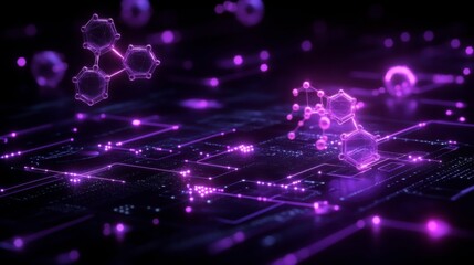 Fototapeta premium A vibrant abstract science design with interconnecting lines, 3D molecules, and glowing digital elements, ideal for biotech and research-related themes.