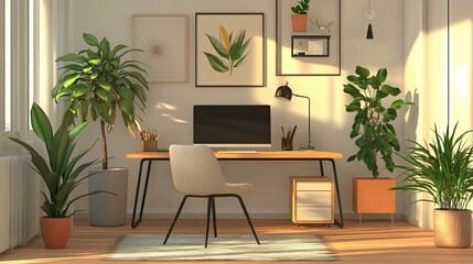 Fototapeta premium Minimalist home office featuring a clean desk, modern chair, green plants, and neutral tones for a calming and productive atmosphere.