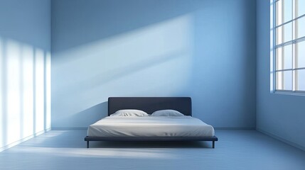 Minimalist pastel bedroom with sky blue walls, a navy bed, and empty wall space perfect for art mockups or interior design ideas.