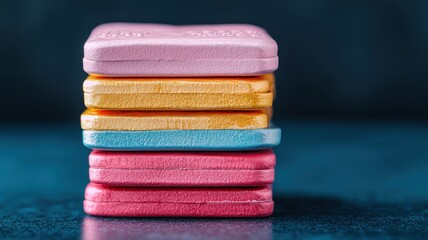 Colorful stacked candies arranged neatly on a dark surface, creating a vibrant, sweet display.