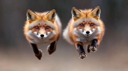 Fototapeta premium Jumping red foxes in nature animal action shot forest environment dynamic viewpoint