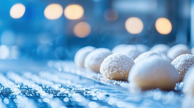 Warm Buns on a Bakery Conveyor Belt