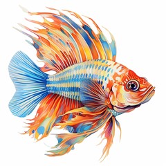 Fototapeta premium This illustration features fish with flowing blue fins. The fins resemble waves, creating a dynamic look as the fish faces left, showcasing its vibrant colors and elegant movement.