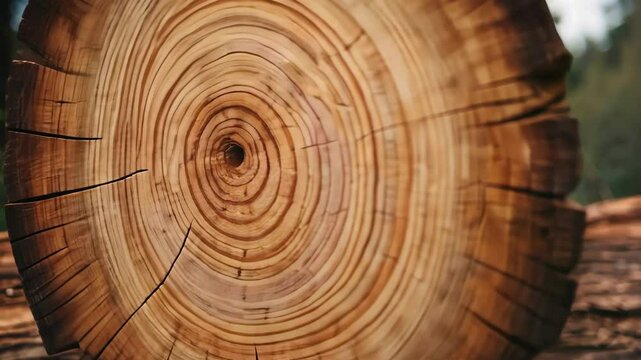 Close up view of tree log revealing rings and texture against a natural forest backdrop, conveying tranquility and ecological beauty