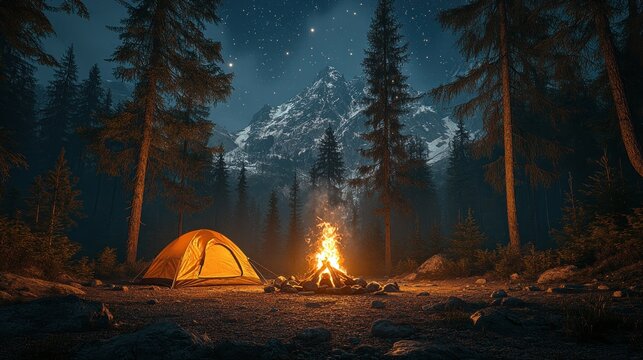 Night camping scene with bonfire and tent in snowy mountains under starry sky.