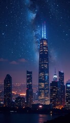 Gleaming skyscrapers pierce a dark, star-studded sky , urban scene, cityscape, city skyline