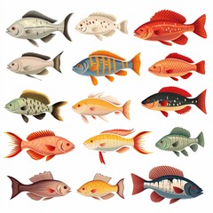 Fototapeta premium This image showcases a vibrant array of fish species, each differing in color, size, and shape. The fish swim harmoniously together in clear blue waters, creating a stunning underwater scene.