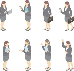 ビジネス　アイソメトリック　人物　女性　就活　転職　仕事　イラスト素材セット