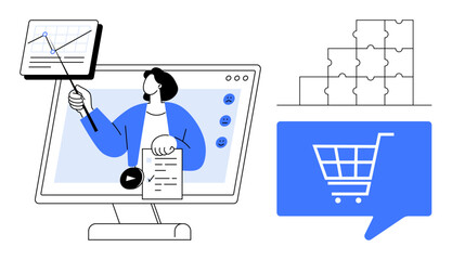 Person holding presentation pointer and clipboard on computer screen, pointing at a graph. Blue shopping cart in speech bubble and puzzle pieces. Ideal for e-commerce, education, strategy, training