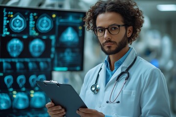 A medical professional holds a tablet and stands in front of medical equipment, representing advances in global healthcare and treatment. Generative AI