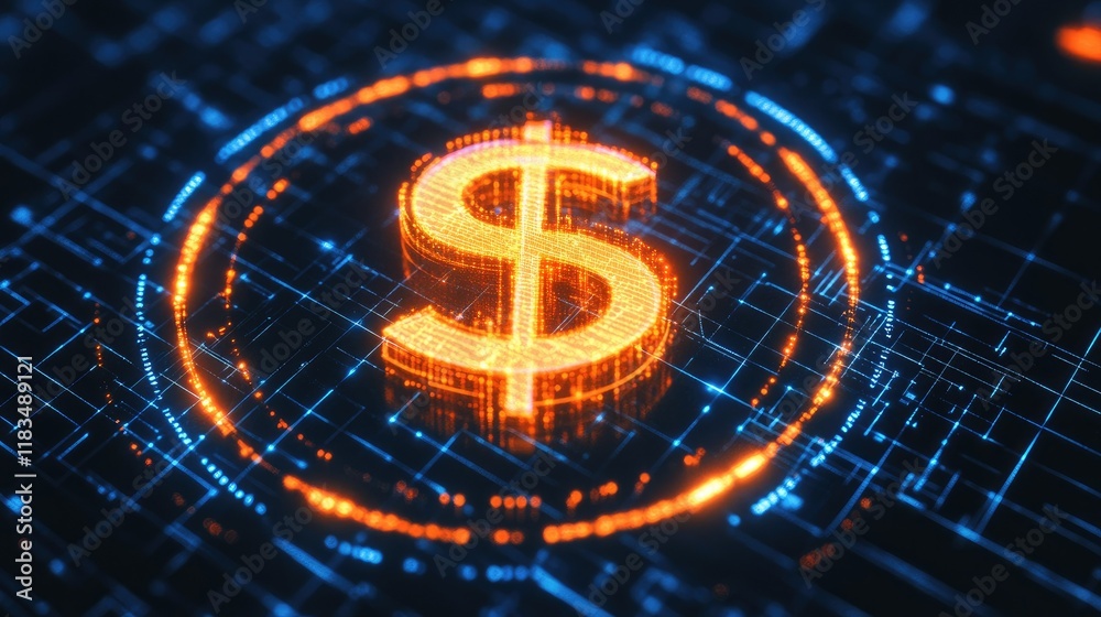 Fototapete neon-style dollar symbol glowing amidst a circular futuristic interface on a clean white grid backgr