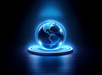 Glowing blue holographic earth globe levitates on a circular platform, set against a dark background.  A futuristic, technological display.