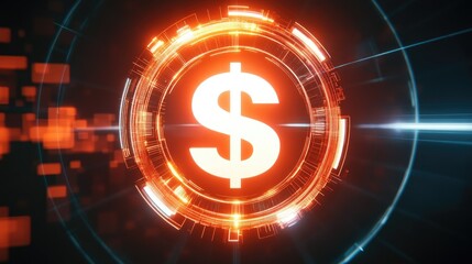 Neon-style dollar symbol glowing amidst a circular futuristic interface on a clean white grid background. Ideal for digital economy visuals.