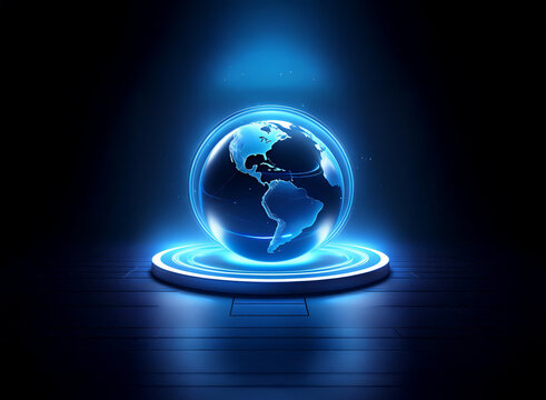 Glowing blue holographic earth globe levitates on a circular platform, set against a dark background.  A futuristic, technological display.