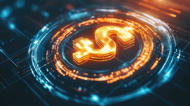 Neon-style dollar symbol glowing amidst a circular futuristic interface on a clean white grid background. Ideal for digital economy visuals.