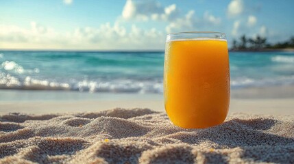 Refreshing orange juice on sunny beach.