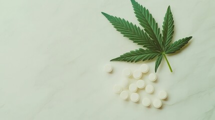 Overhead view of a cannabis leaf and assorted pills on a white background, symbolizing modern health, alternative medicine, and cannabinoid-based treatments.