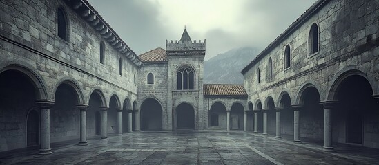 Naklejka premium Mysterious Medieval Cloister: A Grey Stone Courtyard