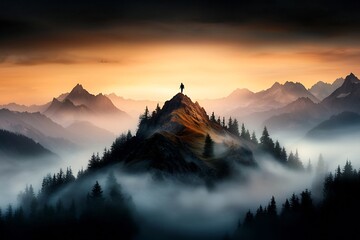Lone adventurer silhouetted against the vast ethereal expanse of the alpine landscape rugged peaks and billowing fog creating an otherworldly atmosphere of solitude and