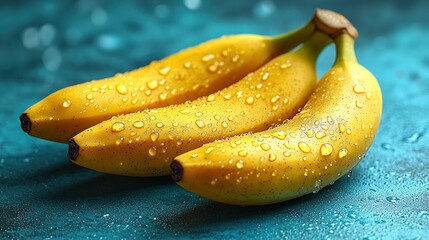 Three ripe yellow bananas with water droplets on a teal surface.