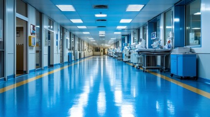 Fototapeta premium Long Hospital Corridor with Medical Equipment and Blue Polished Floor