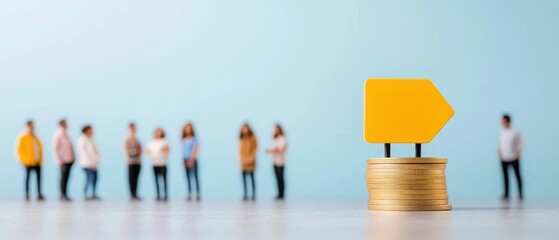 A colorful yellow arrow points upward, symbolizing growth, atop stacks of coins, with blurred figures in the background representing people or community.