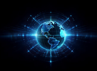 A digital rendering of Earth, glowing with blue energy lines, encircled by concentric rings of light, set against a dark backdrop.  The image evokes themes of global connection, technology, and futuri