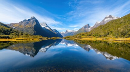 A serene landscape featuring majestic mountains reflected in a calm lake under a clear blue sky.