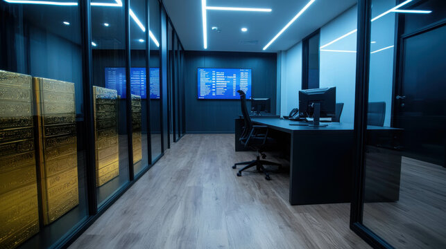 Modern Bank Office Interior with Glass Walls and Secure Workstations