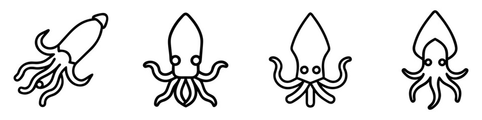 squid icon, fish line art, fish vector - simple black line art icon of squid perfect for logos, and fish-themed designs.