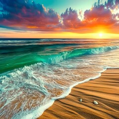 A stunning view of the beach at sunset, with the sky painted in bright shades of orange, pink and purple. The golden sand stretches endlessly, gently kissed by the turquoise waves of the sea. The sun,