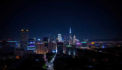 A breathtaking nighttime view of downtown Los Angeles, with a focus on the glowing city skyline. Skyscrapers are illuminated with bright, colorful lights, reflecting off nearby buildings.