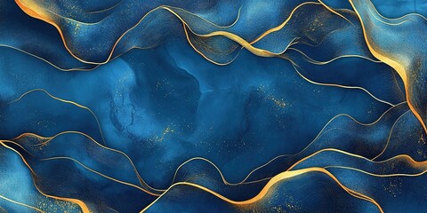 Abstract Gradient Blue Liquid Background with Luxury Golden Lines
