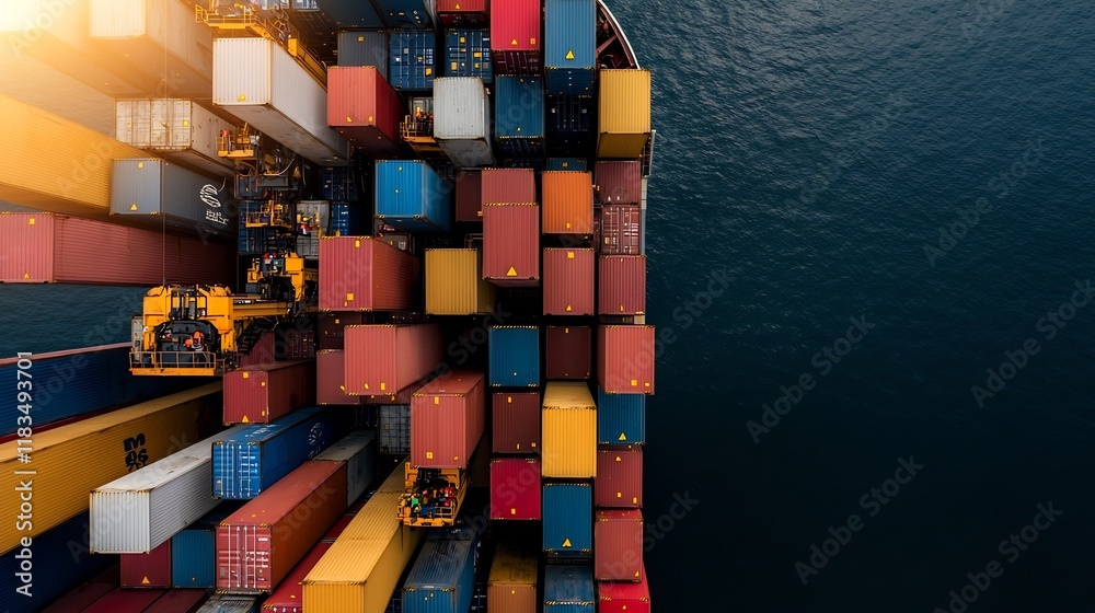 Poster hardworking crane operators efficiently loading and unloading massive cargo containers in a bustling
